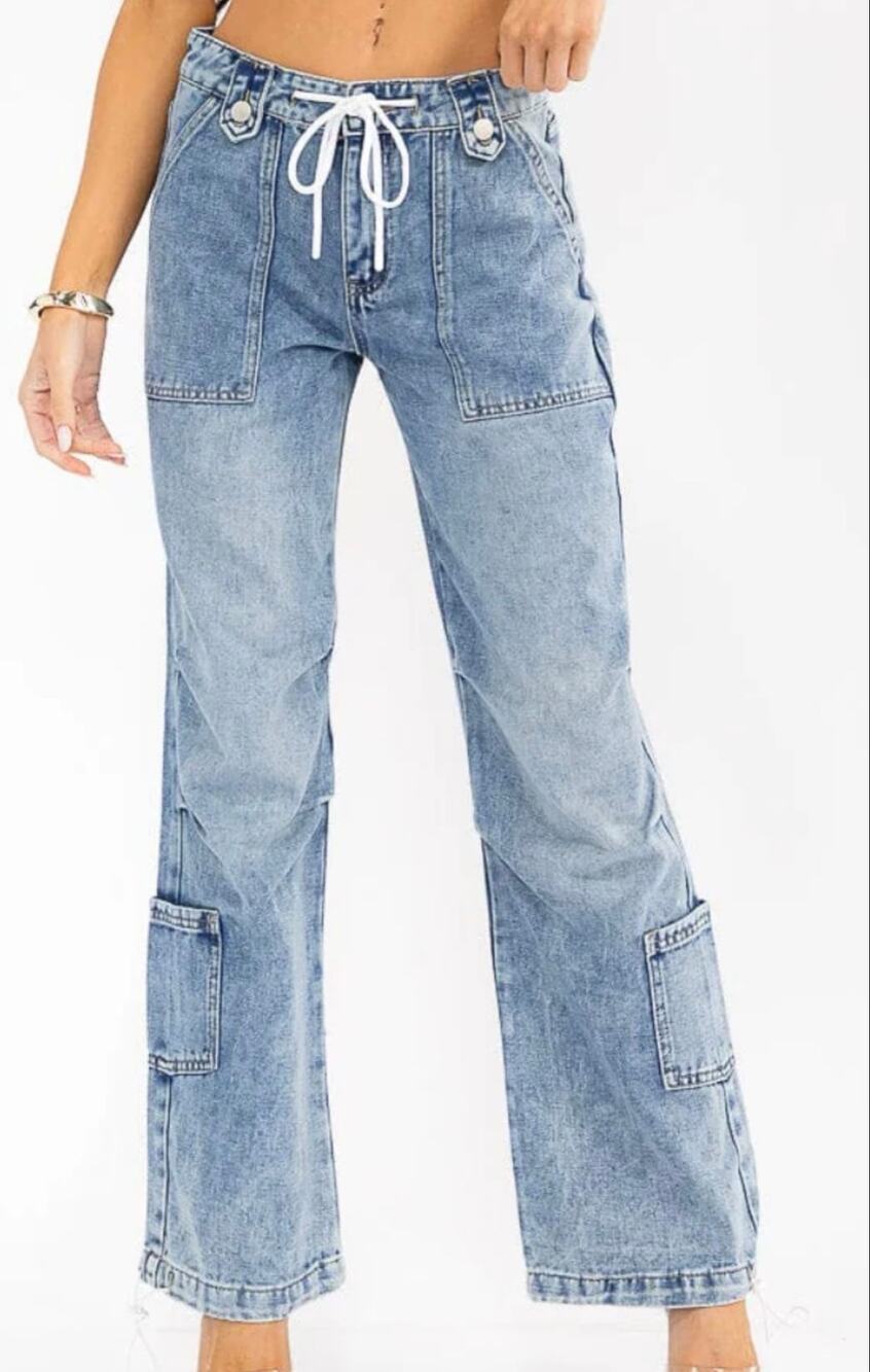 1030 cargo drawstring denim jeans waist 1/25 flat lay NWOT Retail $69